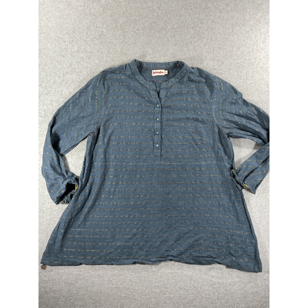 FabIndia Womens Blue Gold Metallic Stripe Cotton Tunic Blouse XL LS 1416